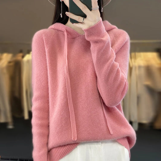 Pure Wool Hooded Sweater Women Solid Color Long Sleeve Top Autumn Winter Fashion New In Knit Female Warm Loose Pullover Jumper