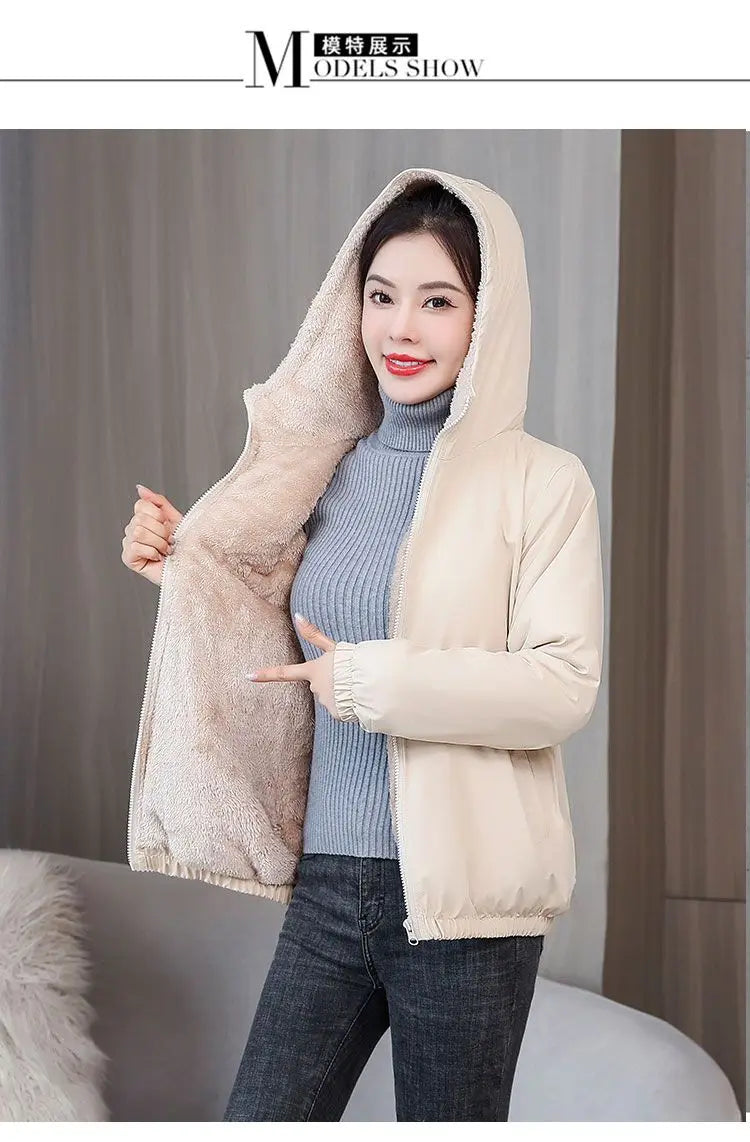 Women's Fleece Coat Winter Warm Thicken Solid Windbreaker Hooded Cotton Plush Hooded Jackets Casual Outdoor Windproof Jacket