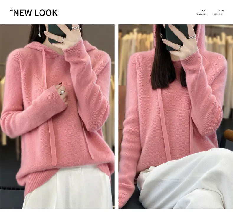 Pure Wool Hooded Sweater Women Solid Color Long Sleeve Top Autumn Winter Fashion New In Knit Female Warm Loose Pullover Jumper