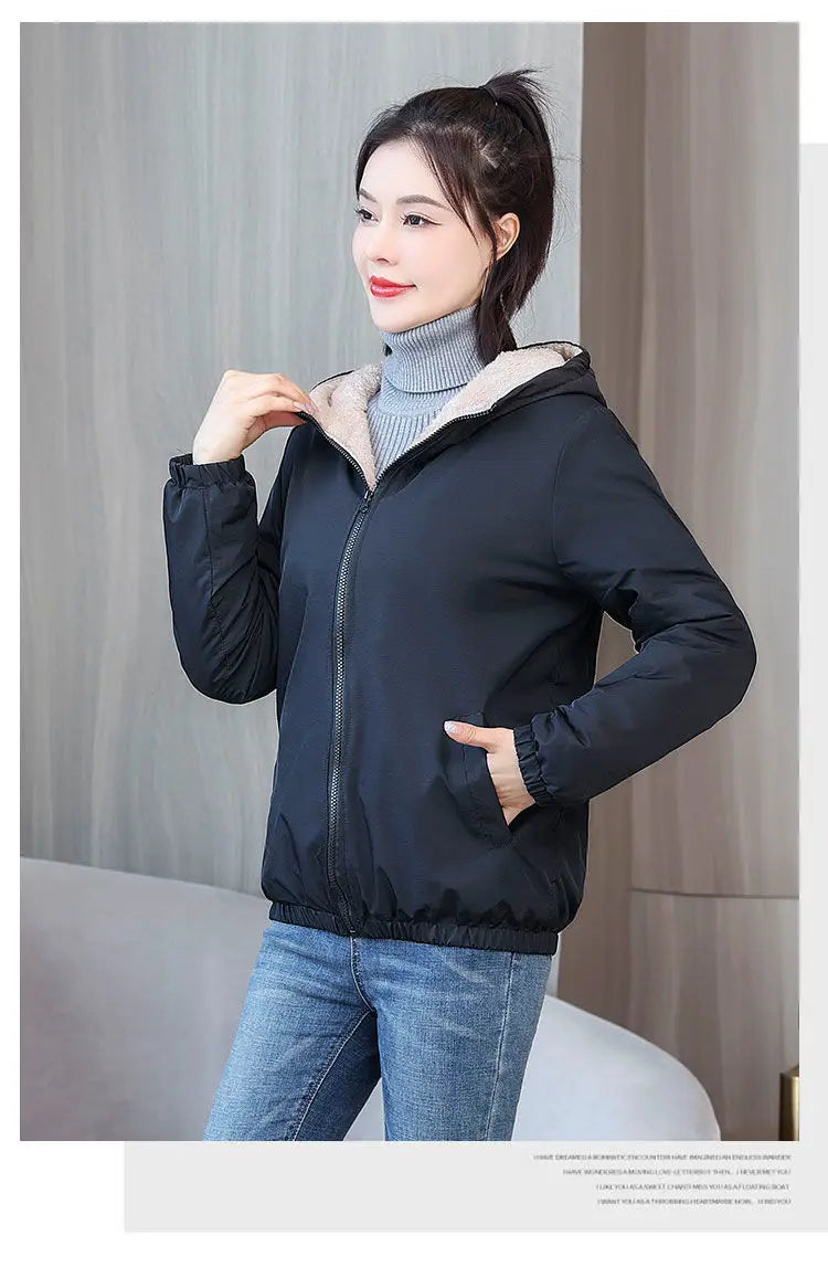 Women's Fleece Coat Winter Warm Thicken Solid Windbreaker Hooded Cotton Plush Hooded Jackets Casual Outdoor Windproof Jacket