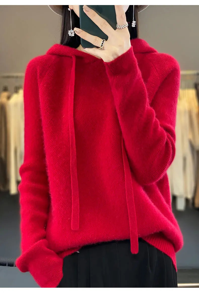 Pure Wool Hooded Sweater Women Solid Color Long Sleeve Top Autumn Winter Fashion New In Knit Female Warm Loose Pullover Jumper