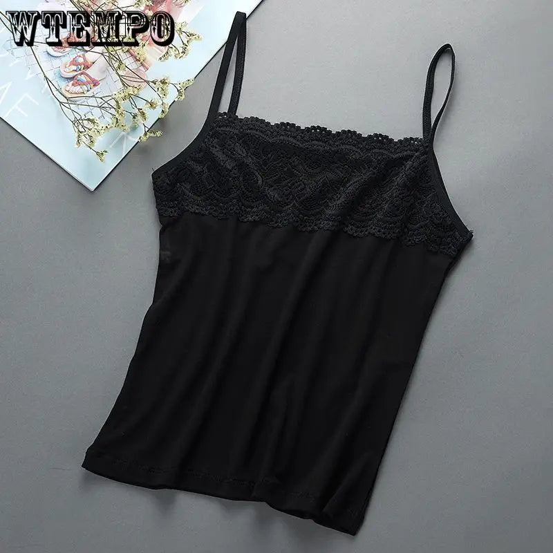 Women's Slim Fit Large Top with Strap Tank Top Spring and Summer Lace Underlay Black and White