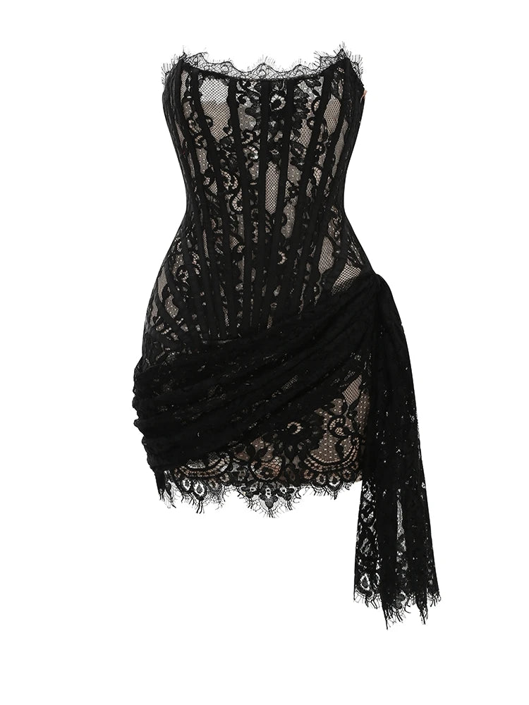 Women's Sexy Strapless Lace Corset Mini Dress Sleeveless Lace-up Adjusted Draped Black Bodycon Dresses Elegant Party Club Gowns