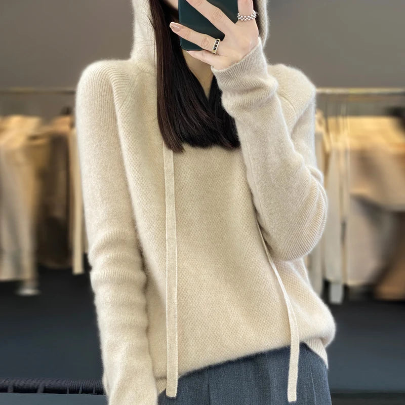 Pure Wool Hooded Sweater Women Solid Color Long Sleeve Top Autumn Winter Fashion New In Knit Female Warm Loose Pullover Jumper