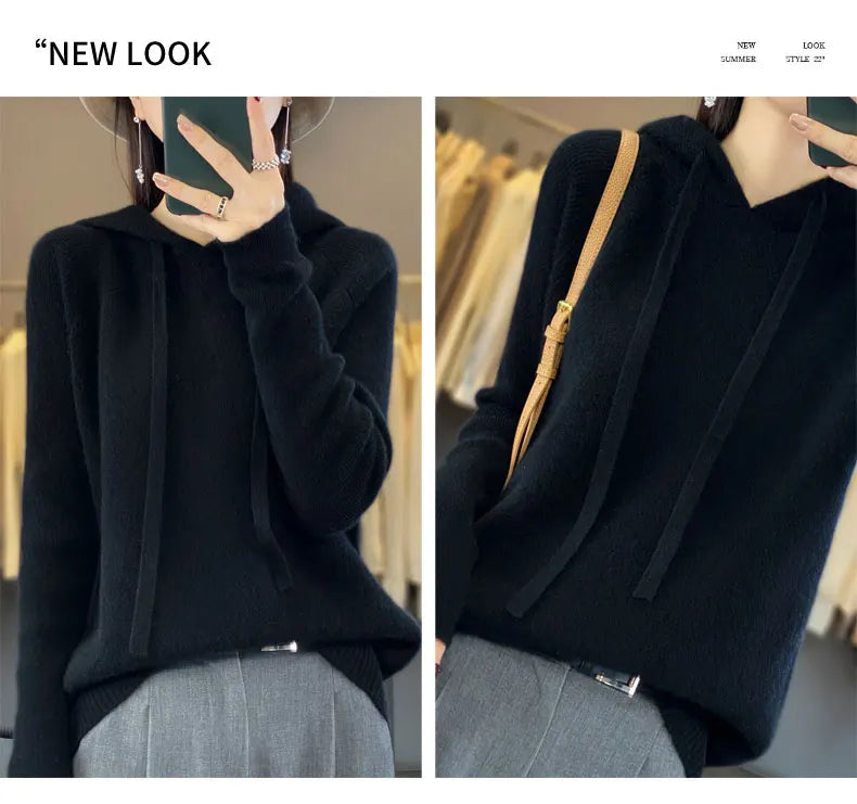 Pure Wool Hooded Sweater Women Solid Color Long Sleeve Top Autumn Winter Fashion New In Knit Female Warm Loose Pullover Jumper