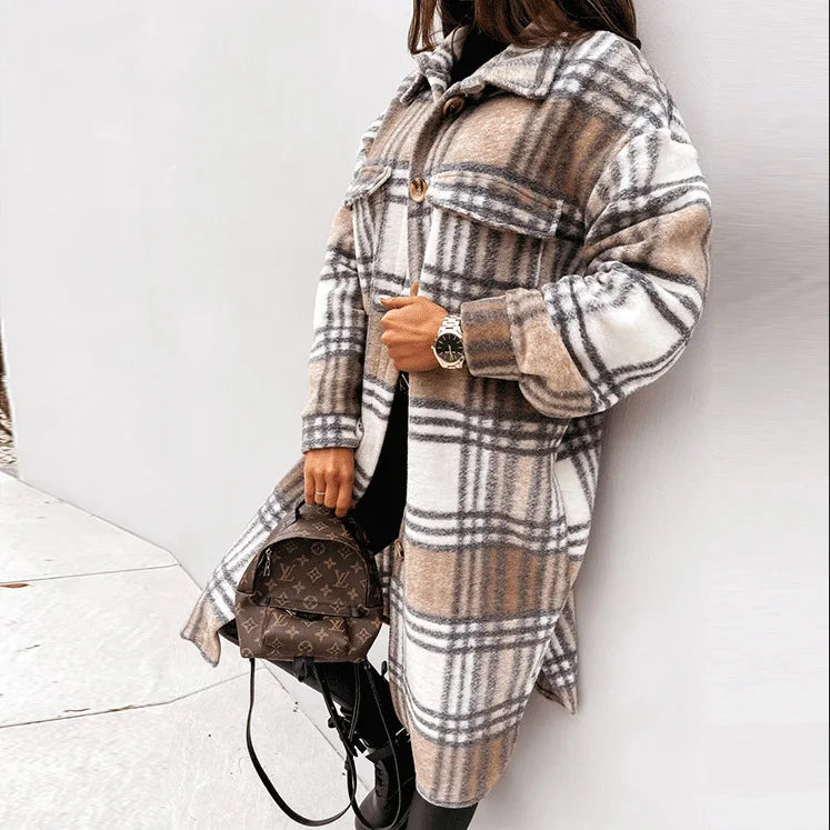 2024 Autumn Winter Women's Clothing Long Sleeve Single Breasted Trench Coat Fashion Long Woolen Plaid Overcoat Coat