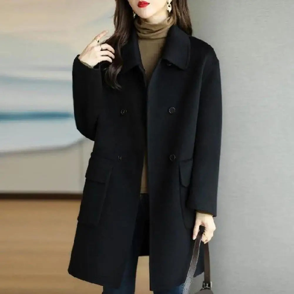 Women Woolen Coat Mid-length Thermal Coat Stylish Women's Mid-length Woolen Coat Lapel Double Breasted Flap for Autumn/winter