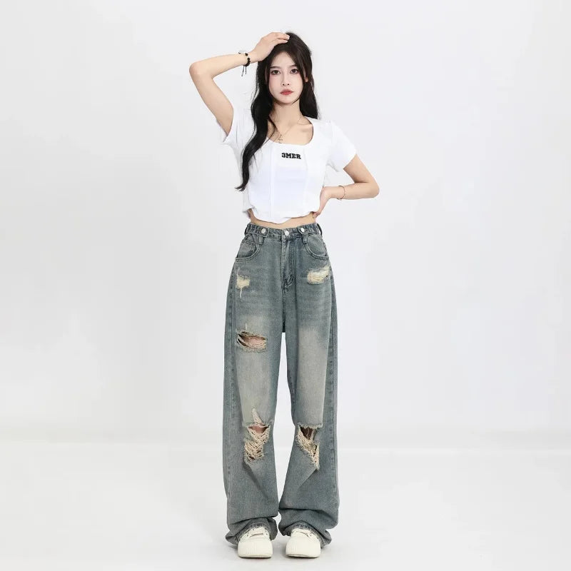 Vintage Hole Y2k Women's Jeans High Waisted Jeans Wide Leg Loose Straight Leg Hip-hop Street Wear Floor Length Denim Pants