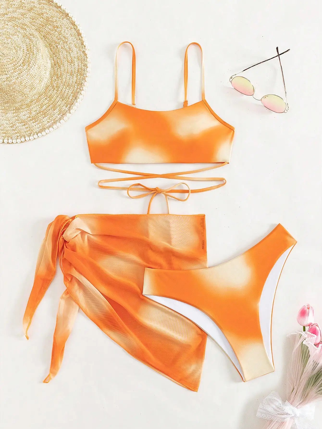 3 Pieces Ombre Lace Up Bikini Swimsuit & Beach Skirt Sexy Swimwear Women 2024 Bathing Swimming Swim Suit Female Summer Beachwear