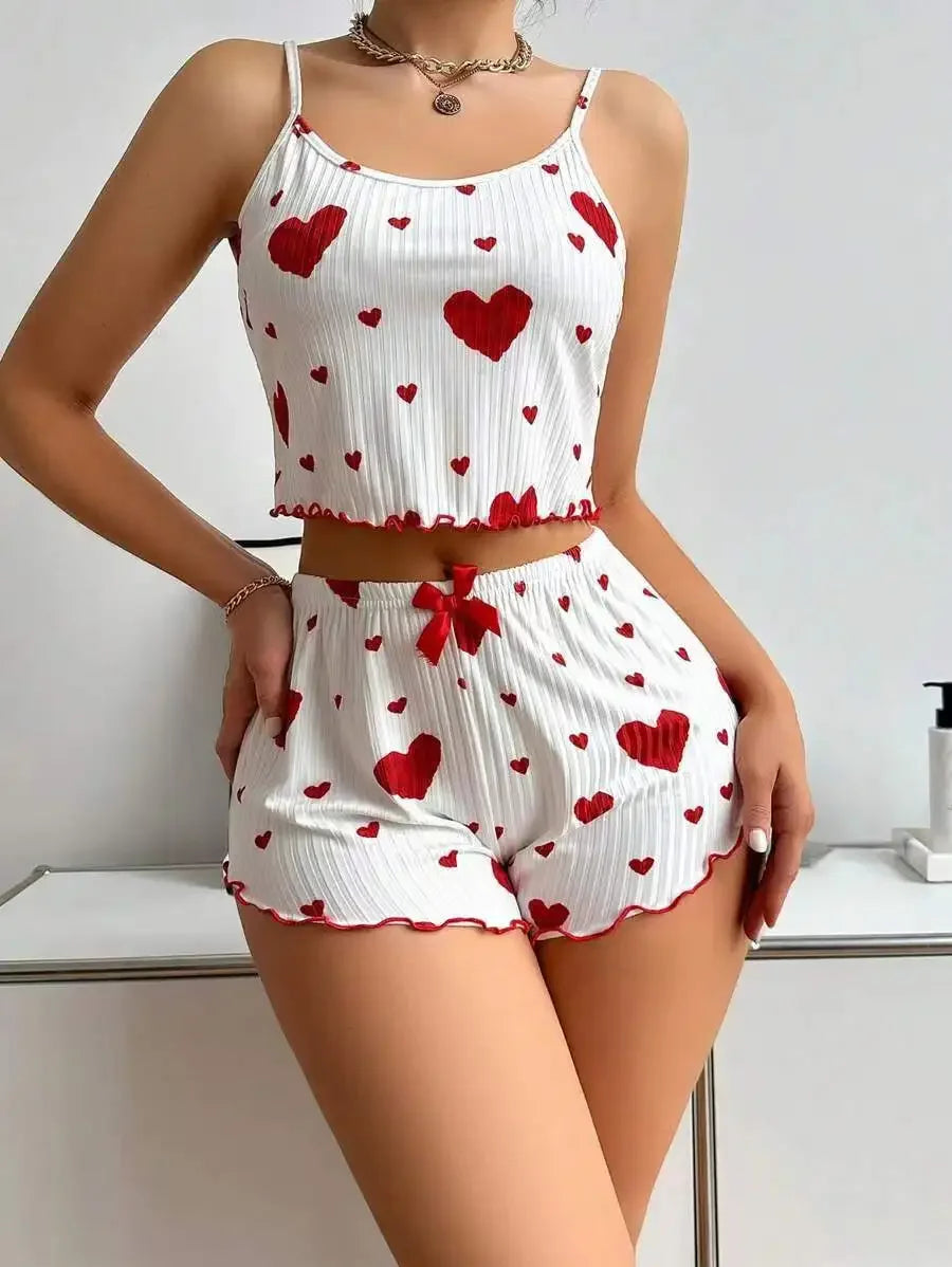 Women's Pajamas Set Sleepwear 2 PCS Short Tank Tops And Shorts S M L White Ventilate Soft Casual Love Printing