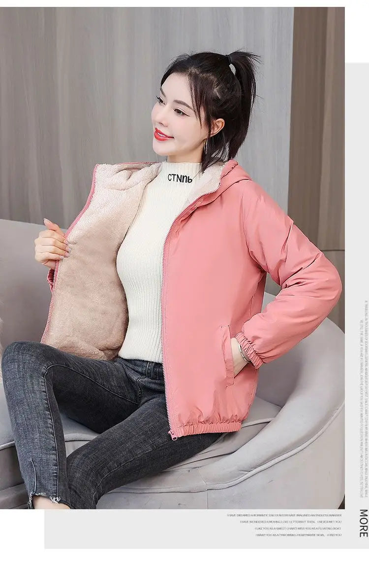 Women's Fleece Coat Winter Warm Thicken Solid Windbreaker Hooded Cotton Plush Hooded Jackets Casual Outdoor Windproof Jacket