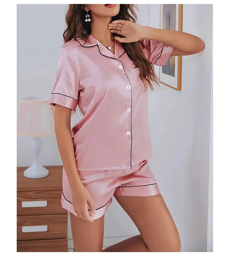 Women Silk Satin Pajamas Set Two-piece Pj Sets Sleepwear Loungewear Button-Down Pajama Women 2 Piece Pijama Homewear Shorts Set