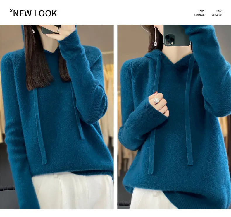 Pure Wool Hooded Sweater Women Solid Color Long Sleeve Top Autumn Winter Fashion New In Knit Female Warm Loose Pullover Jumper