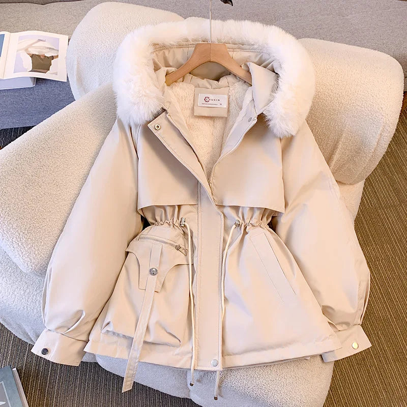 2023 Autumn Winter Parkas Coat New Women's Cotton-Padded Plush Warm Coat Women's Long Sleeve Zipper Hooded Drawstring Parkas