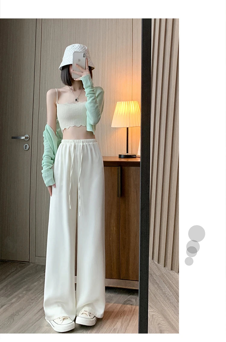 Women's Wide Leg Pants Summer Ice Silk Straight Trousers High Waist Ladies Casual Loose Satin Soft Full-length Pants for Women