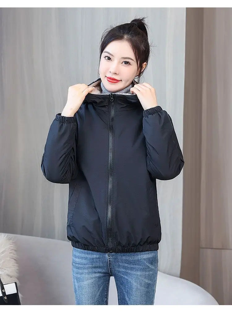 Women's Fleece Coat Winter Warm Thicken Solid Windbreaker Hooded Cotton Plush Hooded Jackets Casual Outdoor Windproof Jacket