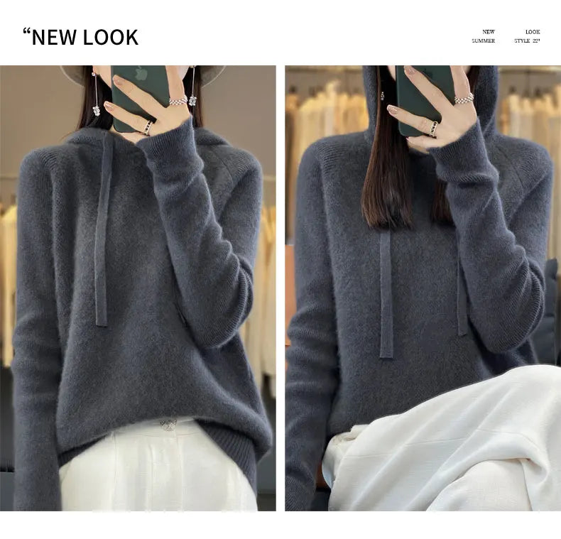 Pure Wool Hooded Sweater Women Solid Color Long Sleeve Top Autumn Winter Fashion New In Knit Female Warm Loose Pullover Jumper