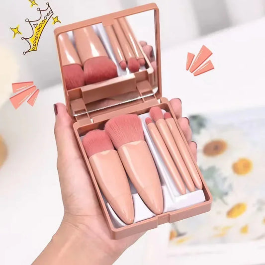 5Pcs Portable Makeup Brush Set with Mirror for Travel - Lip Highlight, Eyeshadow and Foundation Powder Blending Cosmetic Tools
