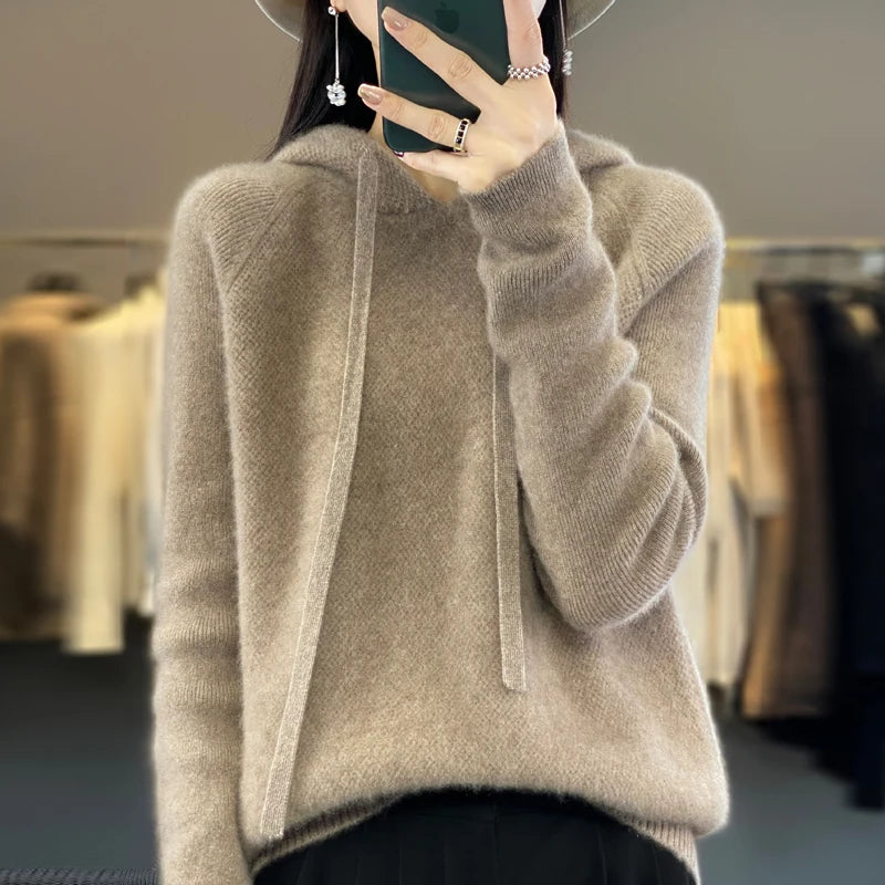 Pure Wool Hooded Sweater Women Solid Color Long Sleeve Top Autumn Winter Fashion New In Knit Female Warm Loose Pullover Jumper