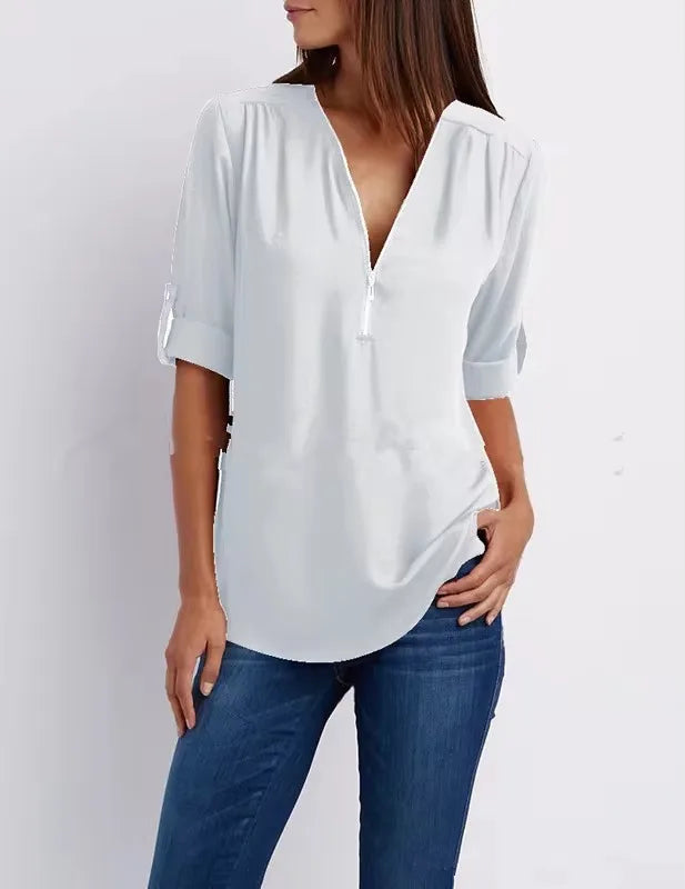 2024 Hot Sale Women Cool Loose Shirt Deep V Neck Chiffon Fashion Blouse Casual Ladies Tops Sexy Zipper Pullover Plus Size