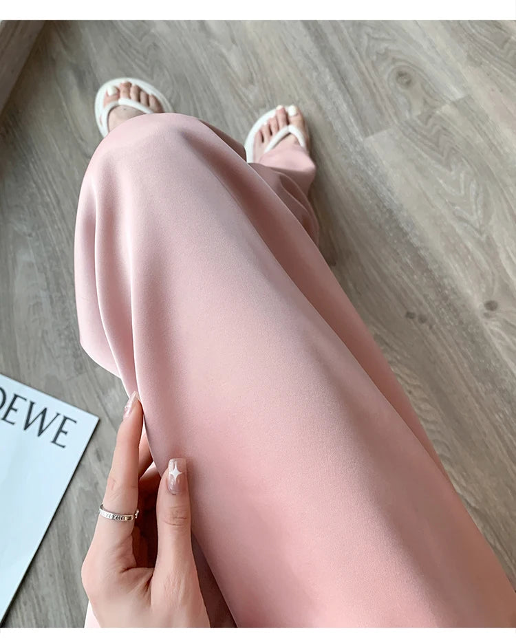 Women's Wide Leg Pants Summer Ice Silk Straight Trousers High Waist Ladies Casual Loose Satin Soft Full-length Pants for Women