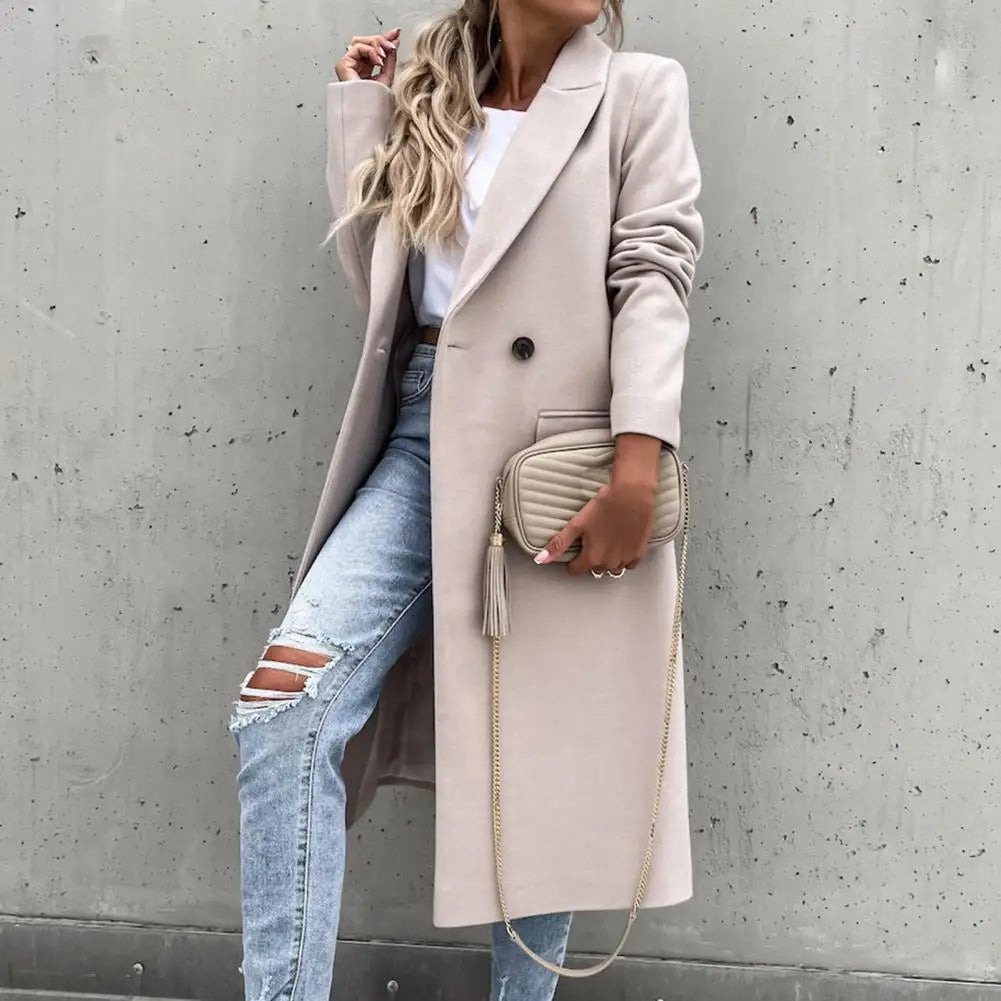 Women Coat Elegant Long Blazer Female All Match Long Sleeve Button Placket Winter Overcoat Suit Collar Long Blazer Trench Coat