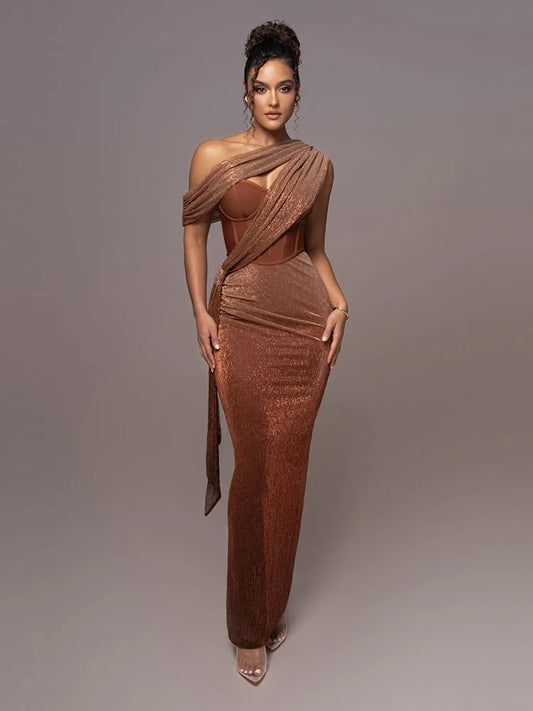 Sexy One Shoulder Draped Glitter Long Dress Women Brown Corset Sparkly Backless Bodycon Maxi Dresses Evening Party Gowns