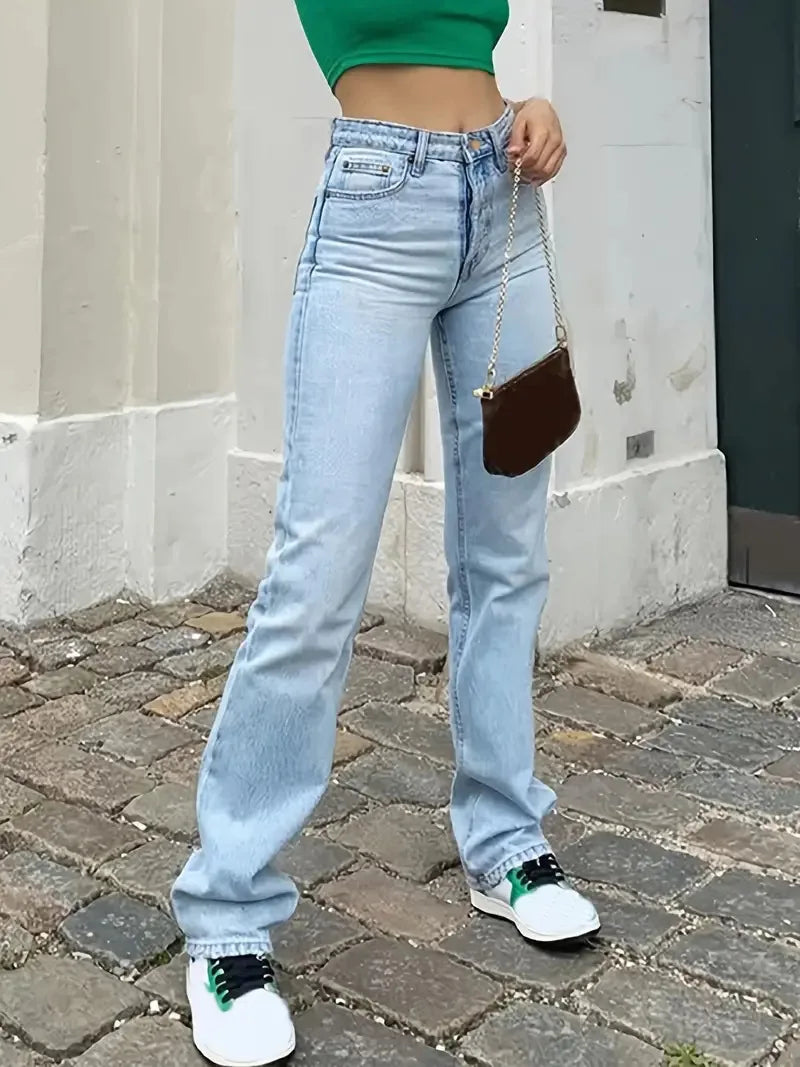 Wash Jeans Denim Women Straight Pants Pockets High Waist Ankle Length Loose Distressed Solid Casual Basics Vintage 2024