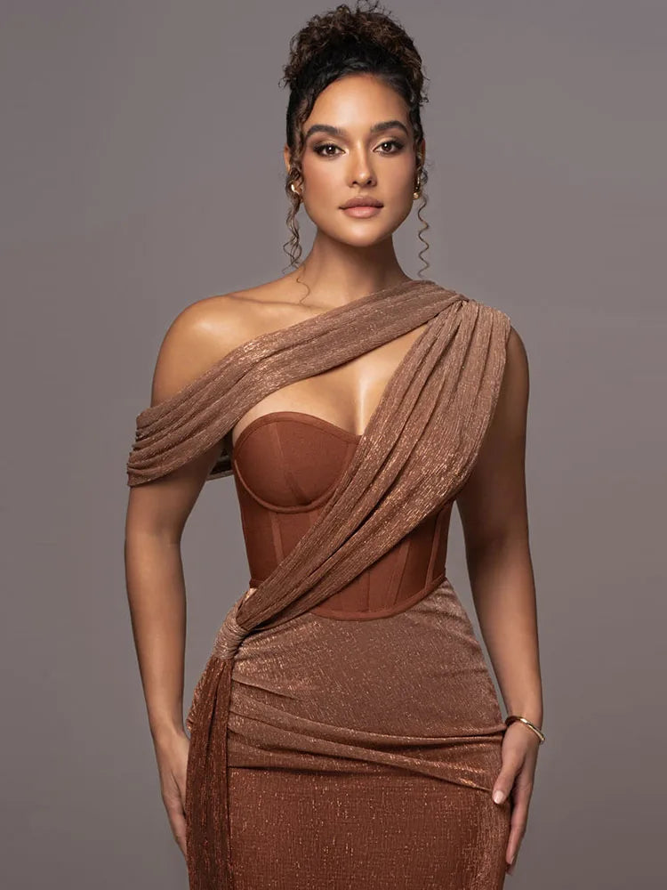 Sexy One Shoulder Draped Glitter Long Dress Women Brown Corset Sparkly Backless Bodycon Maxi Dresses Evening Party Gowns