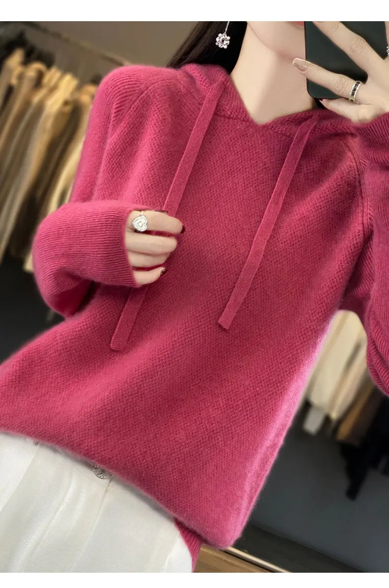 Pure Wool Hooded Sweater Women Solid Color Long Sleeve Top Autumn Winter Fashion New In Knit Female Warm Loose Pullover Jumper