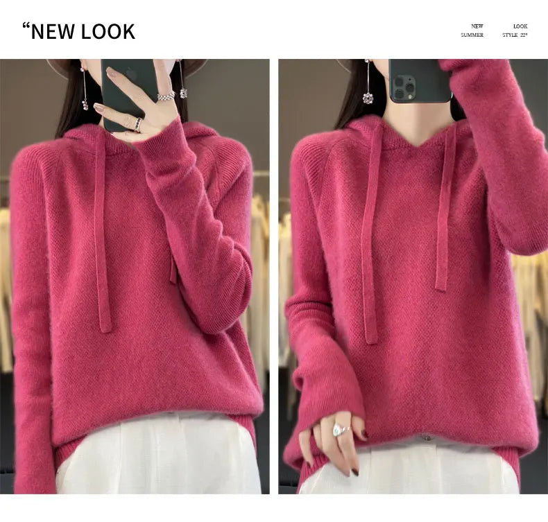 Pure Wool Hooded Sweater Women Solid Color Long Sleeve Top Autumn Winter Fashion New In Knit Female Warm Loose Pullover Jumper