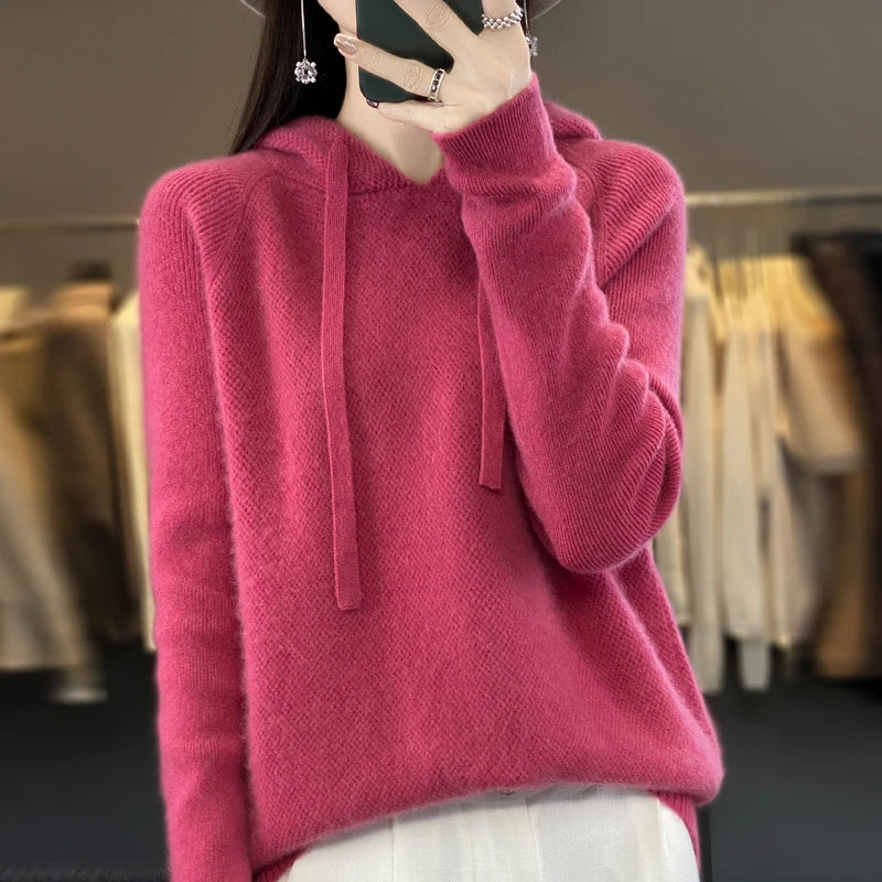 Pure Wool Hooded Sweater Women Solid Color Long Sleeve Top Autumn Winter Fashion New In Knit Female Warm Loose Pullover Jumper