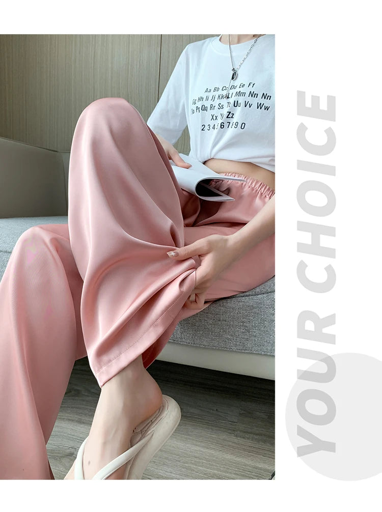 Women's Wide Leg Pants Summer Ice Silk Straight Trousers High Waist Ladies Casual Loose Satin Soft Full-length Pants for Women