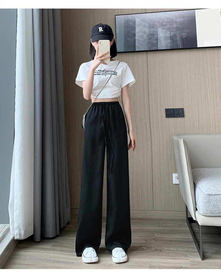 Women's Wide Leg Pants Summer Ice Silk Straight Trousers High Waist Ladies Casual Loose Satin Soft Full-length Pants for Women