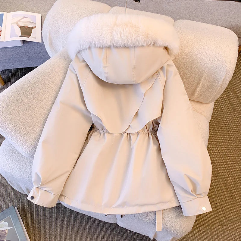 2023 Autumn Winter Parkas Coat New Women's Cotton-Padded Plush Warm Coat Women's Long Sleeve Zipper Hooded Drawstring Parkas