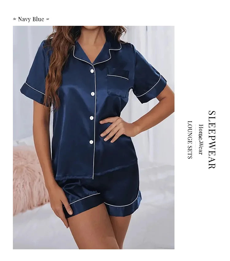 Women Silk Satin Pajamas Set Two-piece Pj Sets Sleepwear Loungewear Button-Down Pajama Women 2 Piece Pijama Homewear Shorts Set