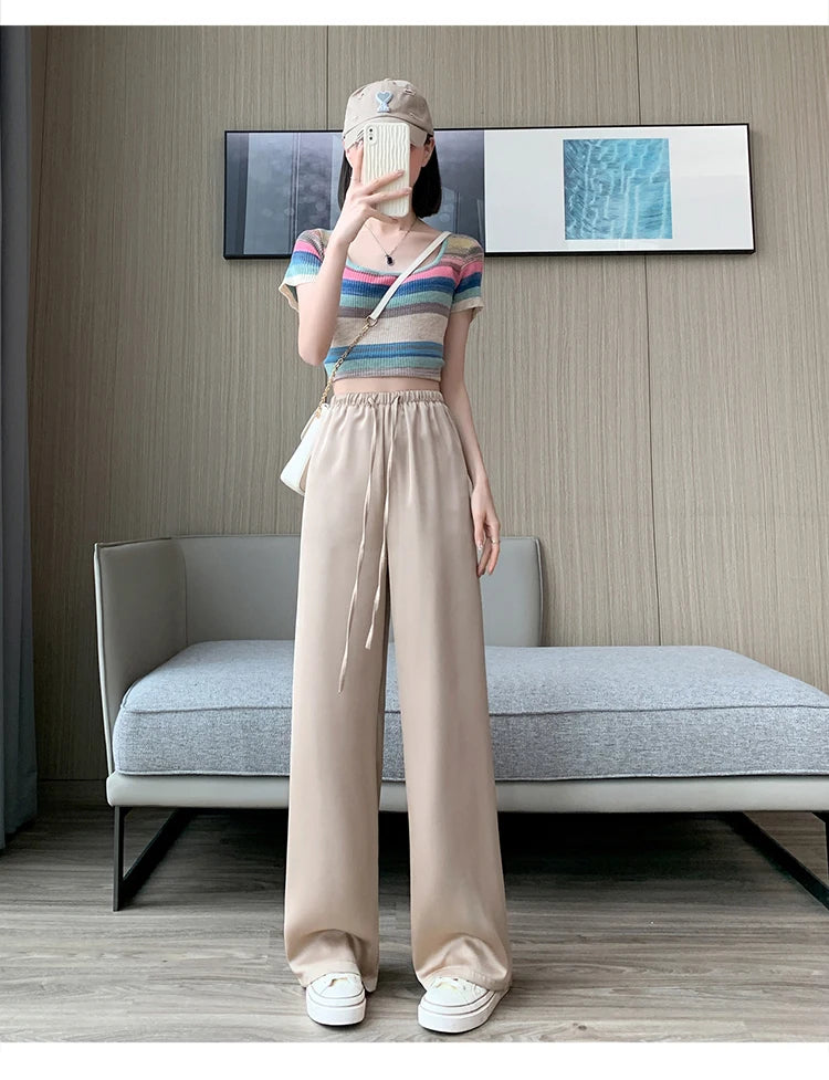 Women's Wide Leg Pants Summer Ice Silk Straight Trousers High Waist Ladies Casual Loose Satin Soft Full-length Pants for Women