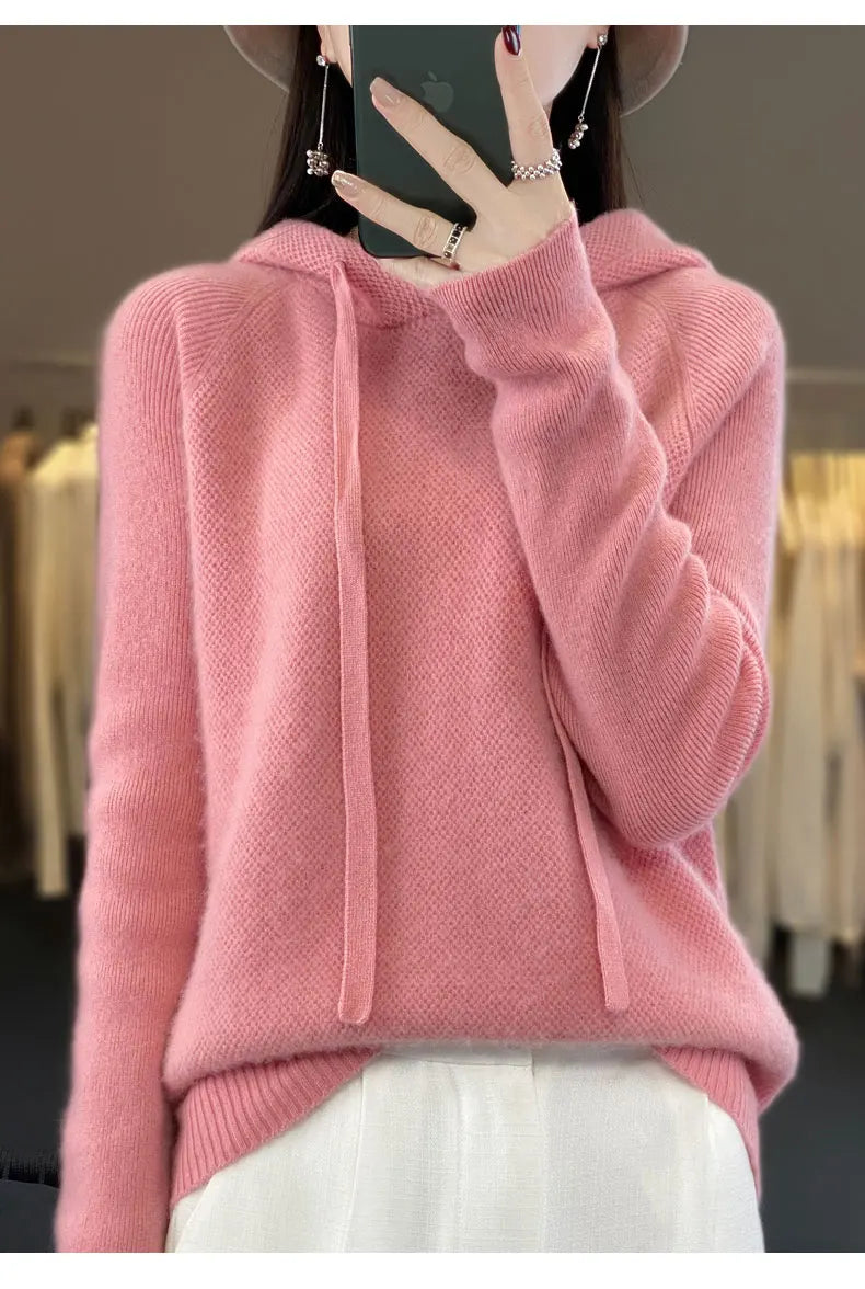 Pure Wool Hooded Sweater Women Solid Color Long Sleeve Top Autumn Winter Fashion New In Knit Female Warm Loose Pullover Jumper