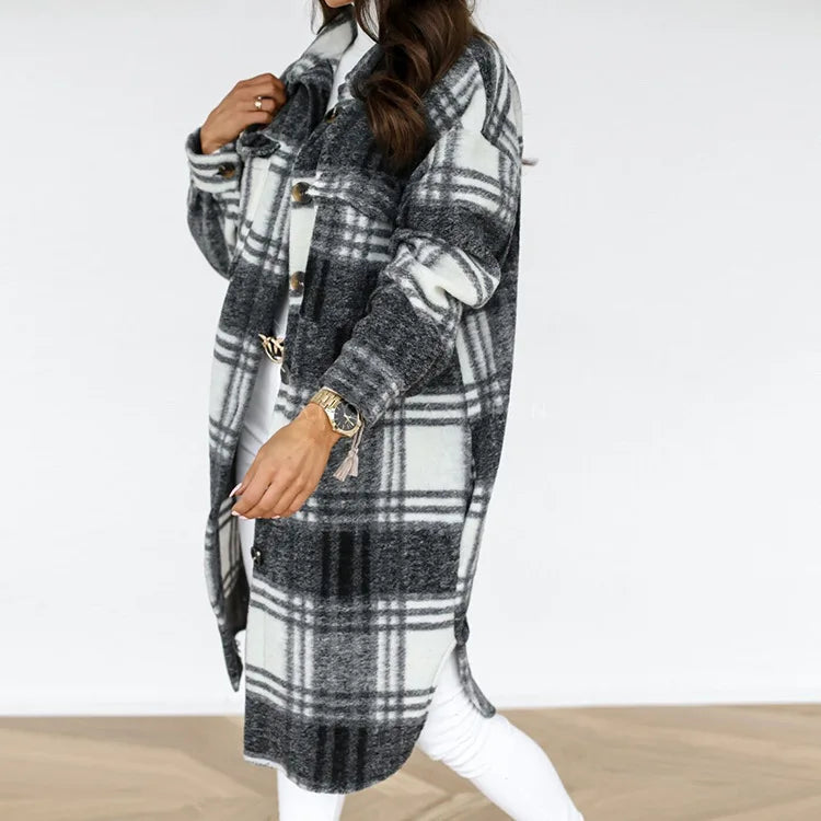 2024 Autumn Winter Women's Clothing Long Sleeve Single Breasted Trench Coat Fashion Long Woolen Plaid Overcoat Coat