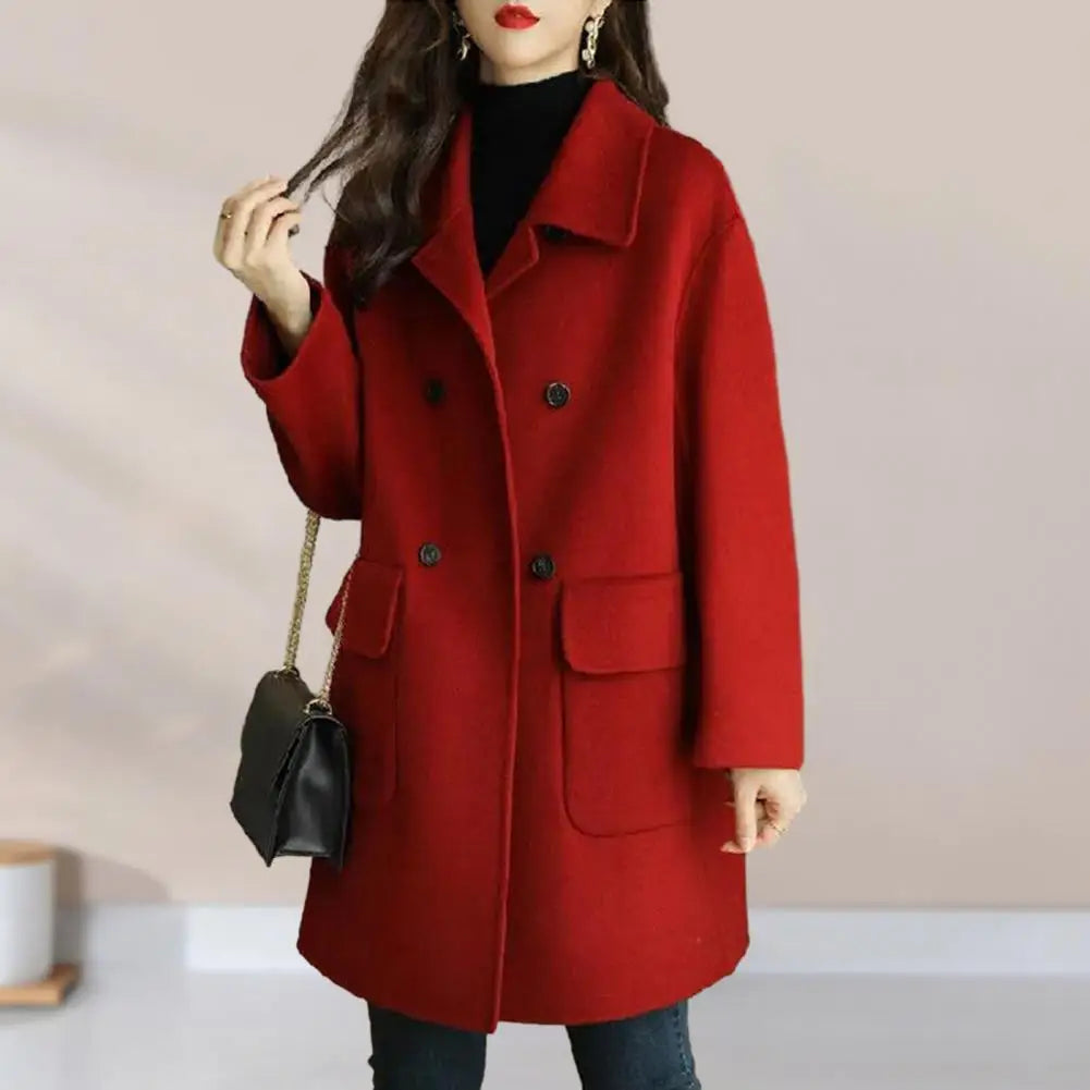 Women Woolen Coat Mid-length Thermal Coat Stylish Women's Mid-length Woolen Coat Lapel Double Breasted Flap for Autumn/winter