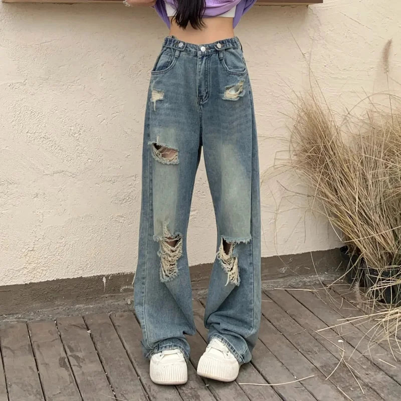 Vintage Hole Y2k Women's Jeans High Waisted Jeans Wide Leg Loose Straight Leg Hip-hop Street Wear Floor Length Denim Pants