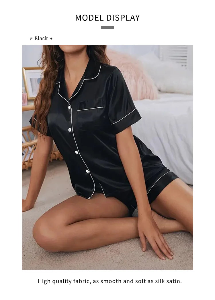 Women Silk Satin Pajamas Set Two-piece Pj Sets Sleepwear Loungewear Button-Down Pajama Women 2 Piece Pijama Homewear Shorts Set