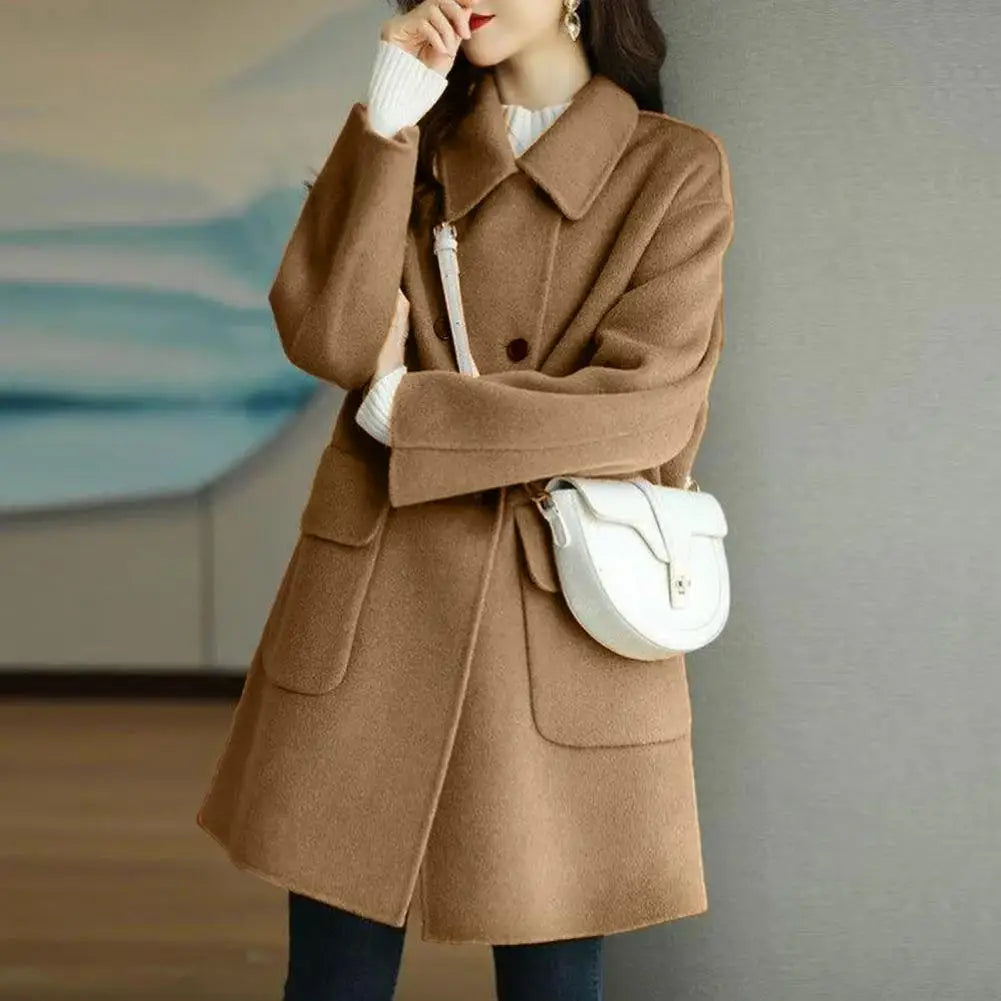 Women Woolen Coat Mid-length Thermal Coat Stylish Women's Mid-length Woolen Coat Lapel Double Breasted Flap for Autumn/winter