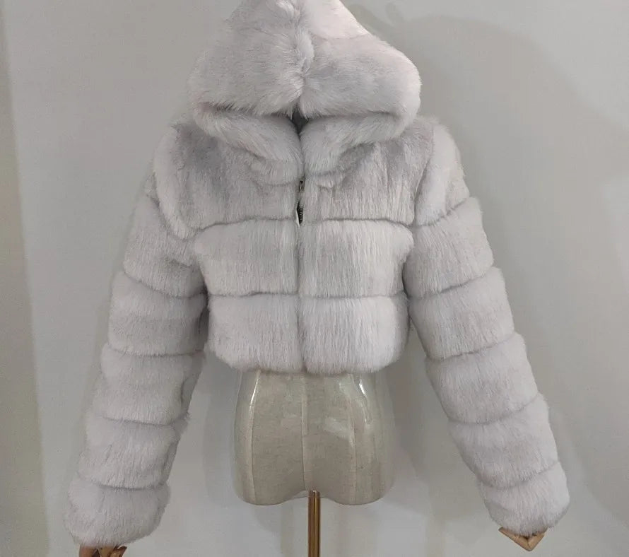 High Quality Furry Cropped Faux Fur Coats and Jackets Women Fluffy Top Coat With Hooded Winter Fur Jacket Manteau Femme