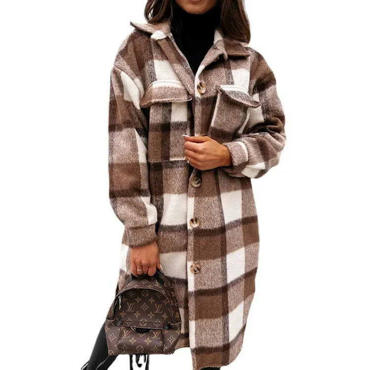 2024 Autumn Winter Women's Clothing Long Sleeve Single Breasted Trench Coat Fashion Long Woolen Plaid Overcoat Coat