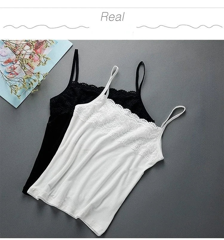 Women's Slim Fit Large Top with Strap Tank Top Spring and Summer Lace Underlay Black and White