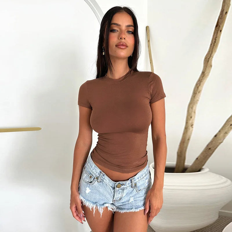 Shestyle Daily Casual T-Shirt Women Short Sleeve Stretchy O-Neck All-Match New Arrival for Summer Slim 2023 Stylish Tops Girl