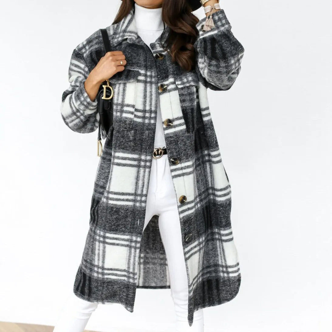 2024 Autumn Winter Women's Clothing Long Sleeve Single Breasted Trench Coat Fashion Long Woolen Plaid Overcoat Coat