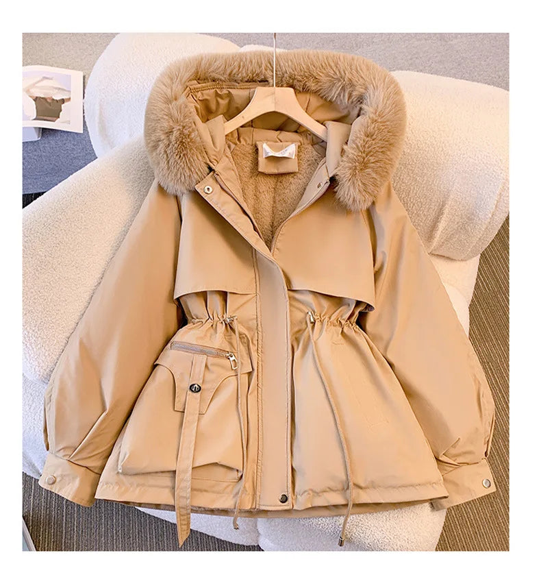 2023 Autumn Winter Parkas Coat New Women's Cotton-Padded Plush Warm Coat Women's Long Sleeve Zipper Hooded Drawstring Parkas