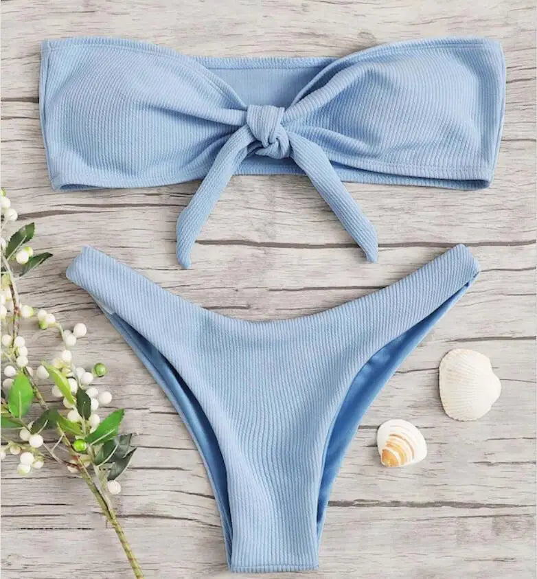 Women's Sexy Tube Top Bow Split Bikini Swimsuit Swim trunks Swimming Suit For Women Biquini Traje De Bano Pants Bikini Badeanzug
